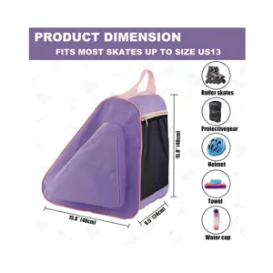 Detailed view of the purple roller skate storage bag showing dimensions and capacity clearly.