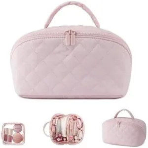 Rosa gesteppte Kosmetiktasche mit grossem Fassungsvermögen, Tragegriff und praktischen Fächern.