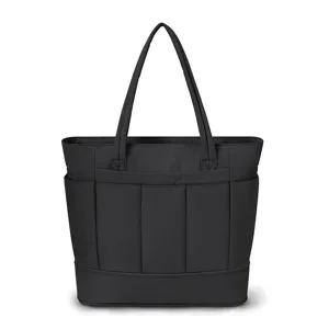 Black multi-pocket tote bag, spacious daily shoulder bag with durable fabric and long handles.