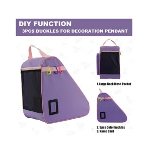 Portable triangular roller skate bag with mesh side pockets and decorative color buckles.