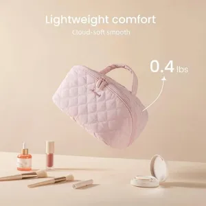 Rosa gesteppte Kosmetiktasche mit Griff, leichte tragbare Make-up Organizer für Reisen.