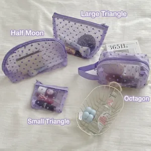 Detail view of purple heart flocked mesh cosmetic bags in multiple shapes, portable and breathable.
