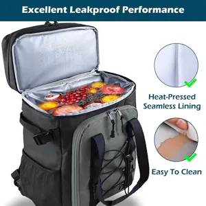 Insulated cooler backpack detail showcasing leakproof waterproof lining and easy cleaning features.