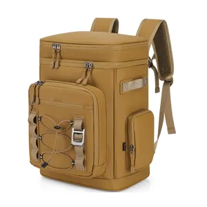 Waterproof insulated cooler backpack for outdoor picnic, camping, and travel in khaki color.
