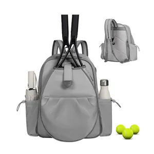 Grey waterproof tennis backpack with racket compartment, multi-pocket sports bag for women.
