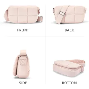 Close-up details of the pink quilted nylon crossbody bag with soft texture and hardware.