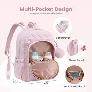 Detalles de la mochila cambiador acolchada rosa con múltiples bolsillos y térmicos.