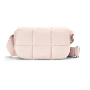 Lightweight nylon quilted small crossbody bag in pink with grid pattern and silver hardware.
