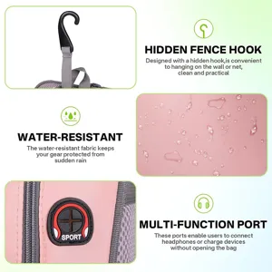Detailed view of the women sports bag showing hidden hook, waterproof fabric and port.