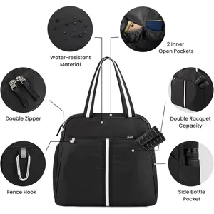 Black sports tote bag detail showing waterproof material, dual zippers and racquet capacity.