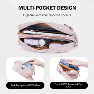 Pink nylon quilted multi-pocket wristlet phone bag with card slots and ID window for women