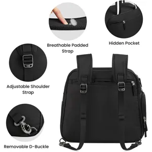 Black multi-functional sports backpack detail view showing breathable straps and pockets.