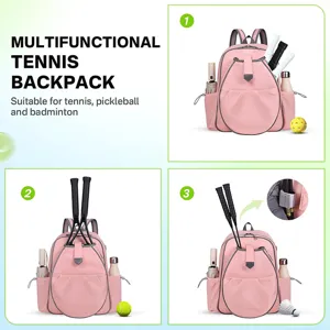 Multifunctional pink tennis backpack detail showing racket compartment and side pockets for gear.