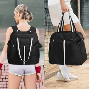 Detailed view of black tennis backpack and handbag, durable sports bag with racket pocket.