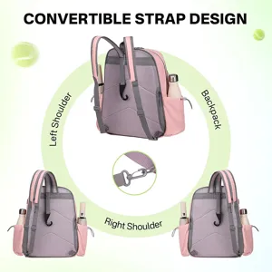 Convertible tennis backpack in pink and grey with multiple carrying ways and side pockets.
