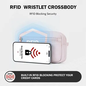 RFID blocking wristlet crossbody bag, nylon material with secure zipper and phone pocket.