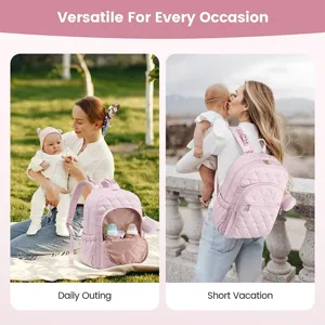 Mochila cambiador acolchada con bolsillos térmicos, bolso rosa de viaje para salidas diarias.