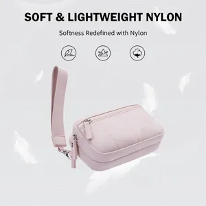 Pink quilted nylon wrist bag, lightweight phone pouch with strap for women daily use