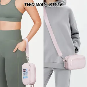 Quilted nylon phone bag with wrist strap and crossbody strap, multi-way style detail view.