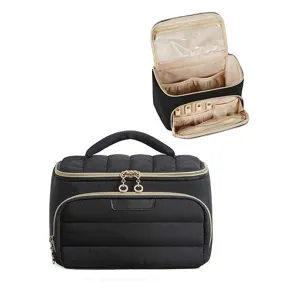 Black quilted cosmetic bag travel makeup bag with wide opening and multi compartments.