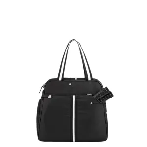 Black tennis tote bag for women, portable pickleball racket bag with sporty white stripes.