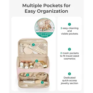 Detailed view of the pink cosmetic bag showing 180-degree wide opening and multiple storage pocket