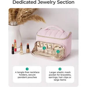 Detail view of the pink quilted makeup bag showing the dedicated jewelry storage and pockets.