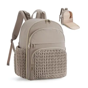 Large capacity quilted diaper backpack for mothers, stylish taupe travel baby bag with pockets.