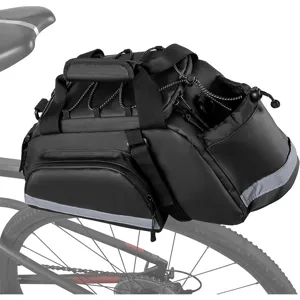 Durable black bicycle rear rack bag with large capacity, waterproof fabric, and reflective strip.