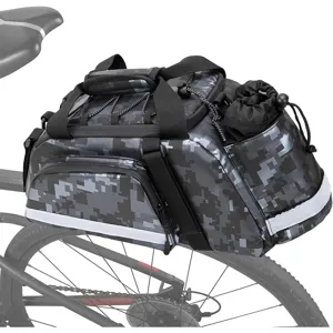 Durable digital camo bicycle rear rack bag with large capacity, multi pockets and reflector.