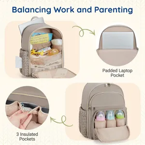 Quilted diaper backpack with padded laptop pocket and insulated compartments for parents.