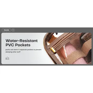 Clear waterproof PVC toiletry bag detail closeup showing durable zipper and separate pockets.