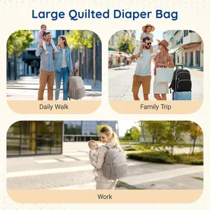 Large Quilted Diaper Bag for Mom and Dad, Multi-Function Travel Baby Backpack with Pockets