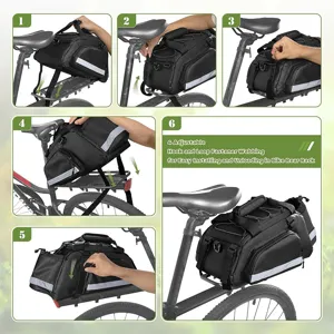 Black bicycle rear rack bag large capacity trunk bag with secure straps for cycling trips.