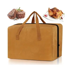 Large capacity brown insulated BBQ bag detail shot, showing durable zipper and double handles.