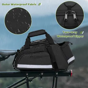 Waterproof bicycle rear rack bag with large capacity, durable fabric and dual zippers.