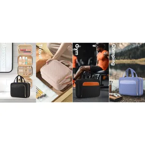 Hanging toiletry bag multi-compartment travel organizer for use in bathroom and gym scenes