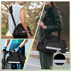 Bicycle trunk bag detail showcasing multi-functional wear and night reflective safety strips.