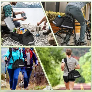 Multifunctional bicycle rear rack bag lifestyle and scenario details showing versatile outdoor use.
