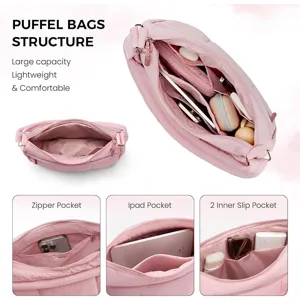 Small pink puffer crossbody nylon shoulder bag with multiple compartments and adjustable strap.