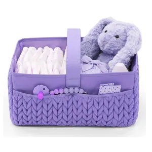 Panier organisateur de couches pour bébé violet avec lapin en peluche, rangement pour nouveau-né.