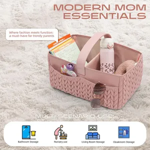 Panier de rangement matelassé rose pour couches de bébé, organisateur multi-compartiments.