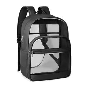 Clear PVC transparent backpack with black trim and reinforced straps for daily use and school use.