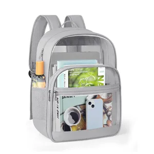 Detailed view of durable PVC clear backpack, featuring reinforced straps and large capacity.