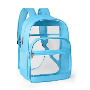 Clear PVC backpack with reinforced straps and large capacity for daily use, school or travel.
