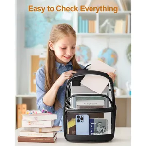 Clear backpack detail view showing transparent PVC material, durable straps, and spacious capacity.