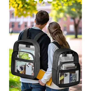 Detail shot of the durable transparent PVC backpack showcasing large capacity and reinforced straps.