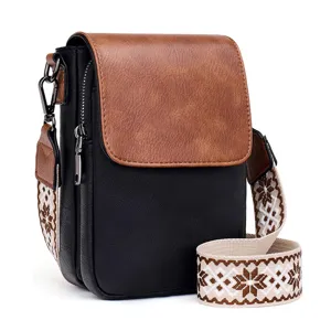 Stylish PU leather crossbody bag with ethnic pattern strap, casual daily shoulder messenger bag.