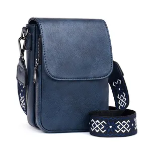 Stylish blue PU leather women crossbody bag with ethnic pattern wide strap for daily commute.