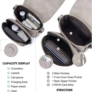 Detail view of the gray PU cross-body bag showing multiple compartments and capacity.